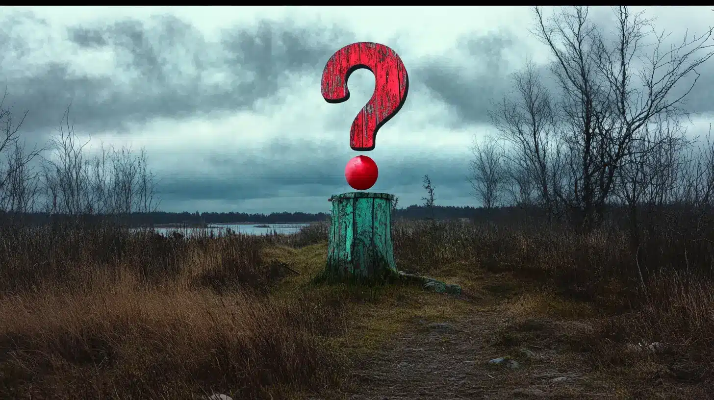 A large question mark symbol placed on a wooden post in a forest, representing frequently asked questions about the concept of crop factor in photography.