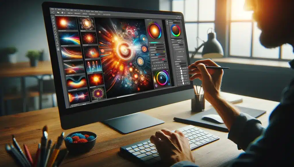 Creative professional using filters and effects in Photoshop, with a display of vibrant image enhancements on the computer screen.