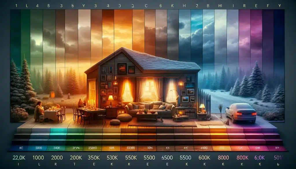 "Gradient from warm candlelight to cold snowy scene representing Kelvin scale in photography"