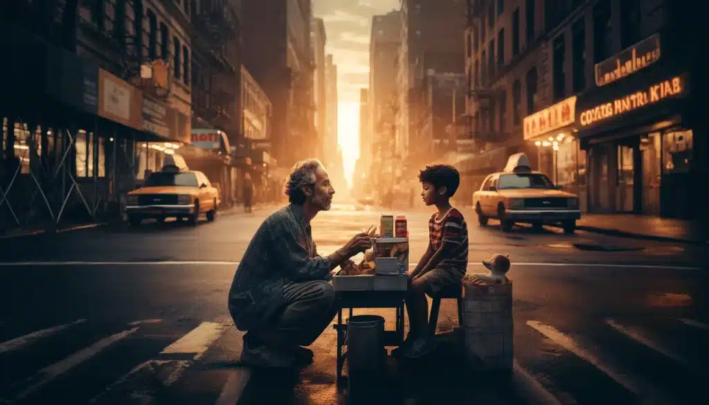 Emotional moment between a street vendor and a child on a lively New York street early in the morning.