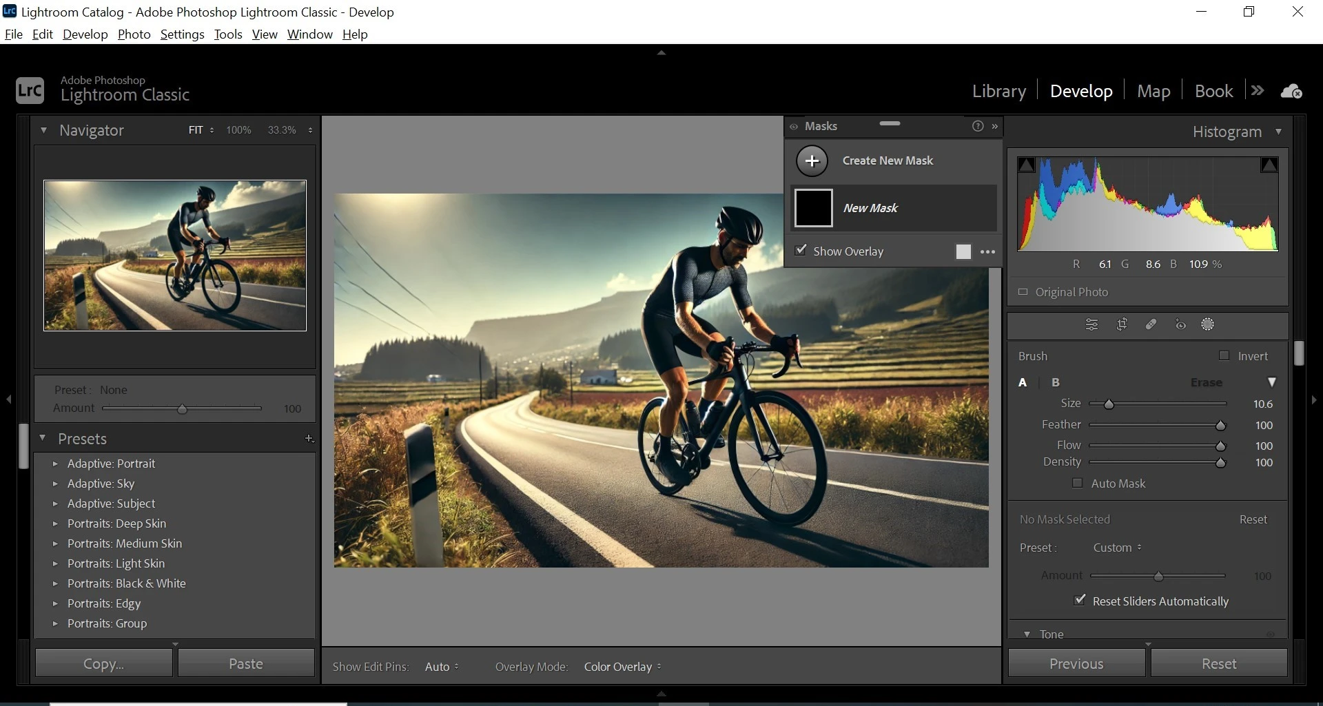 A screenshot of the Lightroom interface with a photograph of a man cycling on a road, demonstrating the application of motion blur. It also depicts How to Blur Background in Lightroom.