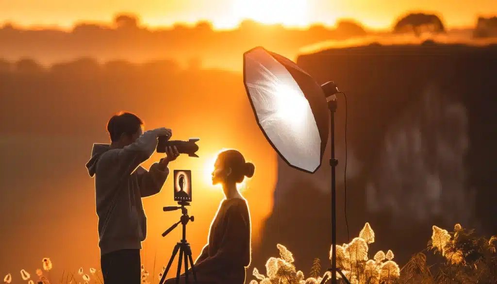 Photographer capturing a model during the golden hour with backlighting, using a reflector to balance exposure.