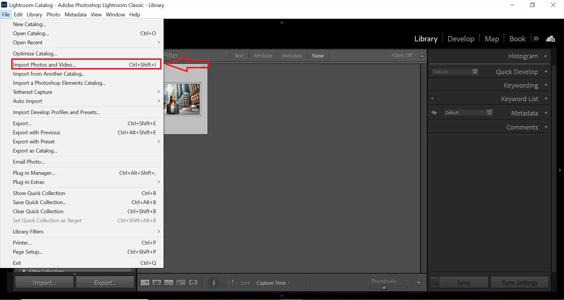 A screenshot of the Lightroom interface showing the process of importing photos and video, with the "Import Photos and Video" option highlighted in the File menu. It also depicts How to Blur Background in Lightroom