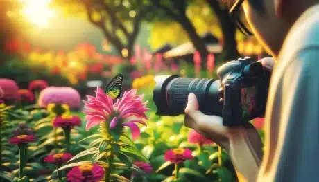 Photographer capturing a butterfly on a pink flower in a vibrant garden, illustrating the art of insect photography.