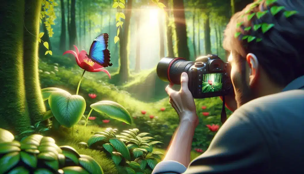 Photographer in a green forest capturing a close-up of a blue morpho butterfly on a red tulip with a DSLR camera.