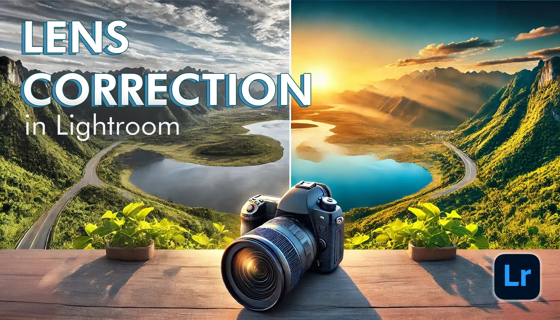 Showcase of lens correction in Lightroom with a camera and two images of a landscape, highlighting the effects before and after correction