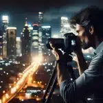 Photographer capturing a cityscape at night, illustrating low light photography techniques with a DSLR camera and tripod.