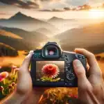 Photographer adjusting DSLR camera's aperture in a scenic landscape with a sharp focus on a foreground flower and a blurred mountain background.