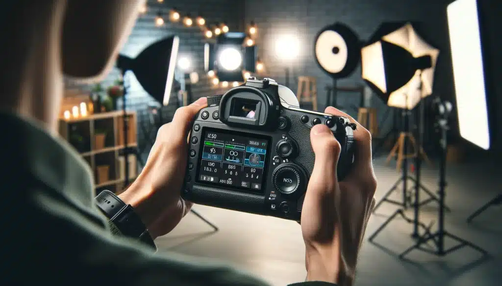 Photographer adjusting DSLR camera settings in a professional studio with visible ISO, shutter speed, and aperture on display.