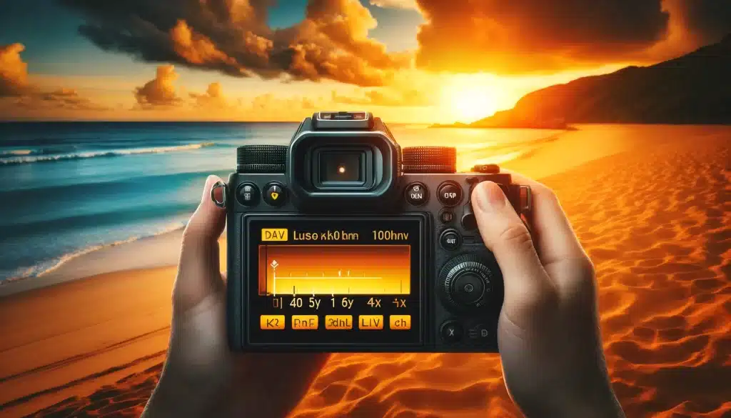 "Photographer on beach adjusting camera settings for sunset, showcasing color temperature management"