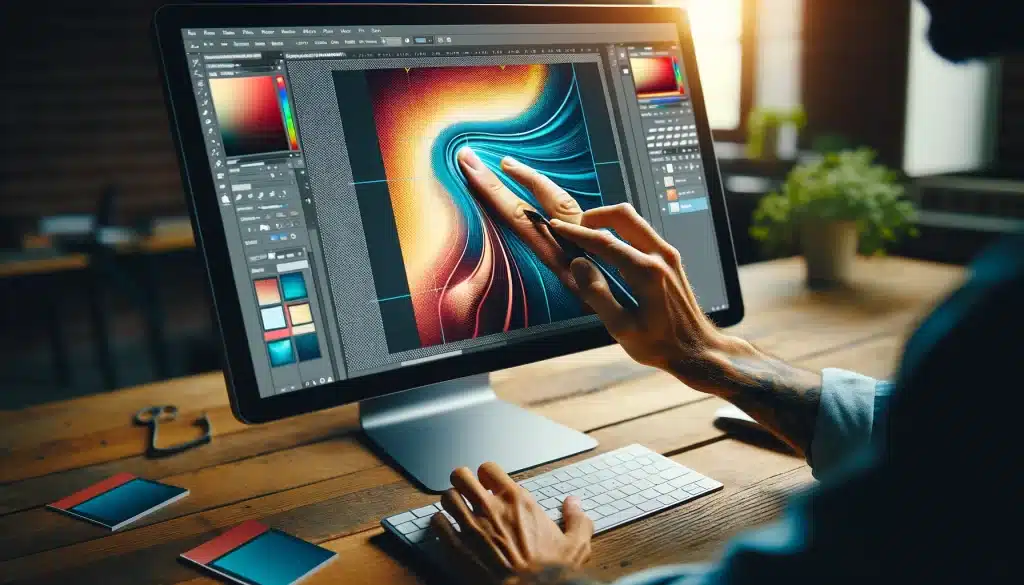Graphic designer shaping an image, highlighting the functionality in a professional setting.