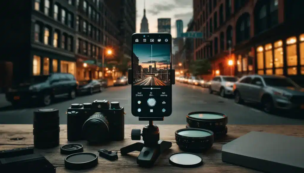Long exposure photography setup with a smartphone on a tripod in an urban setting at dusk, displaying manual camera settings