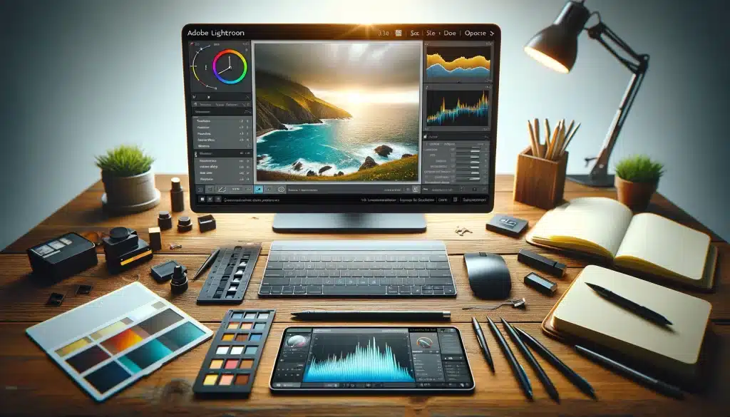 Desktop view of essential photo editing equipment in use.