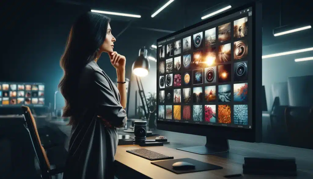 Middle Eastern female photographer reviewing a collage of images with various Photoshop Blur Gallery effects in a professional editing studio.