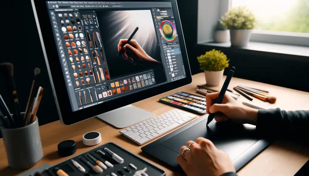 Digital artist using brush and pencil tools on a graphic tablet in a creative workspace.