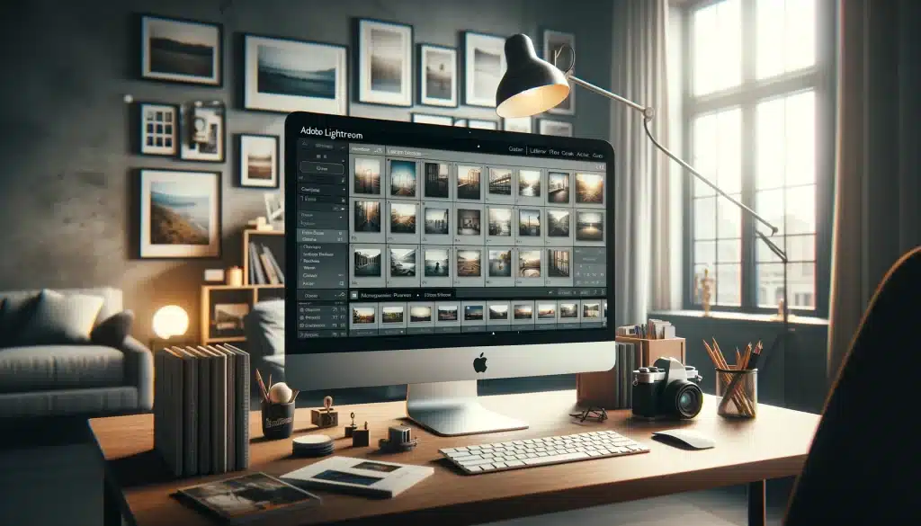 Photographer navigating Adobe Lightroom on a desktop in a modern workspace, showing the Library module and editing tools on the screen.