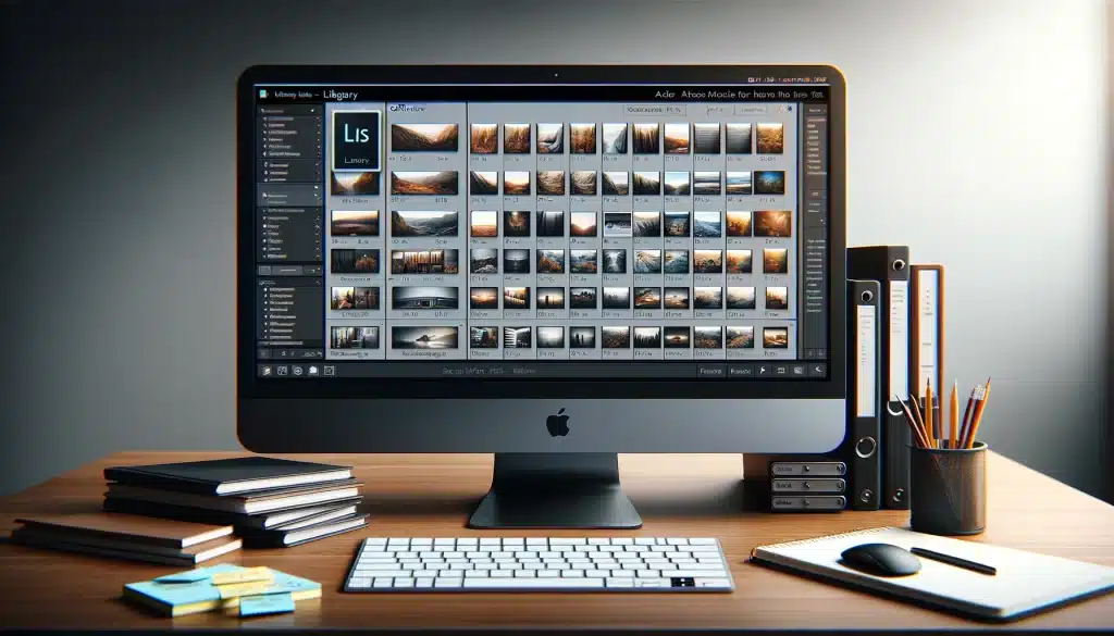 Library module on a computer screen, showing an organized catalog of photos with folders and collections in a photographer’s workspace.
