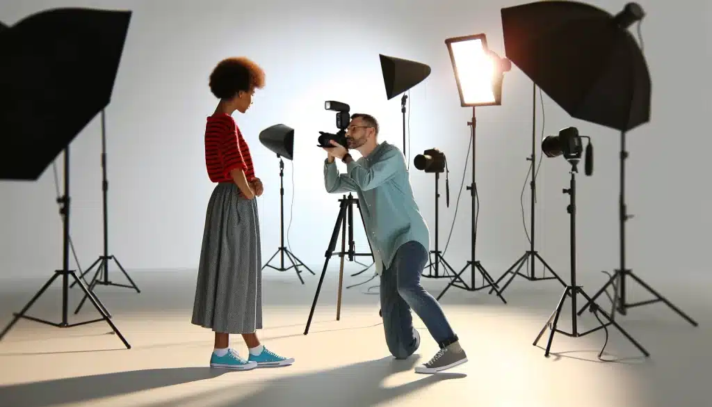 Photographer assisting model with posing in a well-equipped professional studio, highlighting the collaborative process of photography.