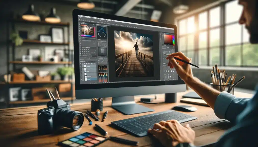 Professional photographer editing in Photoshop, with visible tools on the screen in a well-lit studio environment.