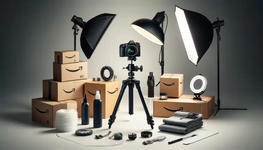 Comprehensive setup for Amazon product photography including DSLR camera on tripod, softbox lights, and white background