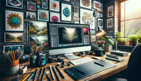 Professional photography and editing workspace with Photoshop on display, highlighting various editing tools and creative elements.