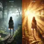 Before-and-after image of a girl standing in a jungle, showing the scene in soft, muted lighting before and in bright, sun-filled light after, with lens flares through the trees.