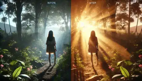 Before-and-after image of a girl standing in a jungle, showing the scene in soft, muted lighting before and in bright, sun-filled light after, with lens flares through the trees.