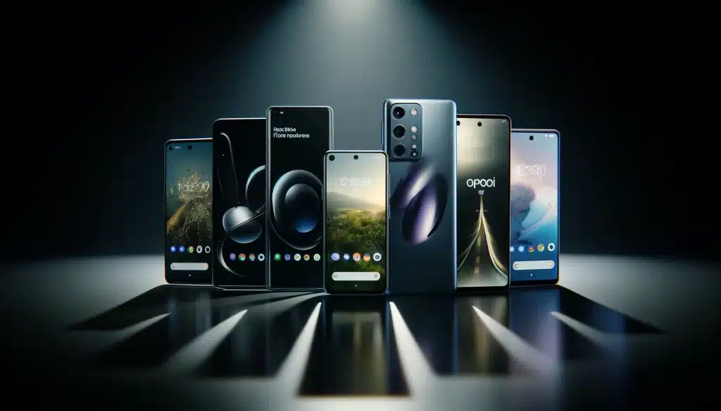 Display of Google Pixel 8 Pro, iPhone 15 Pro Max, Oppo Reno 10 Pro+ 5G, Samsung Galaxy S24 Ultra, and Xiaomi Mi 12 Ultra, each showcasing camera features.