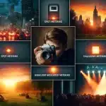 Collage of diverse photography scenes demonstrating different camera metering modes, including cityscape, portrait, landscape, and stage performance.