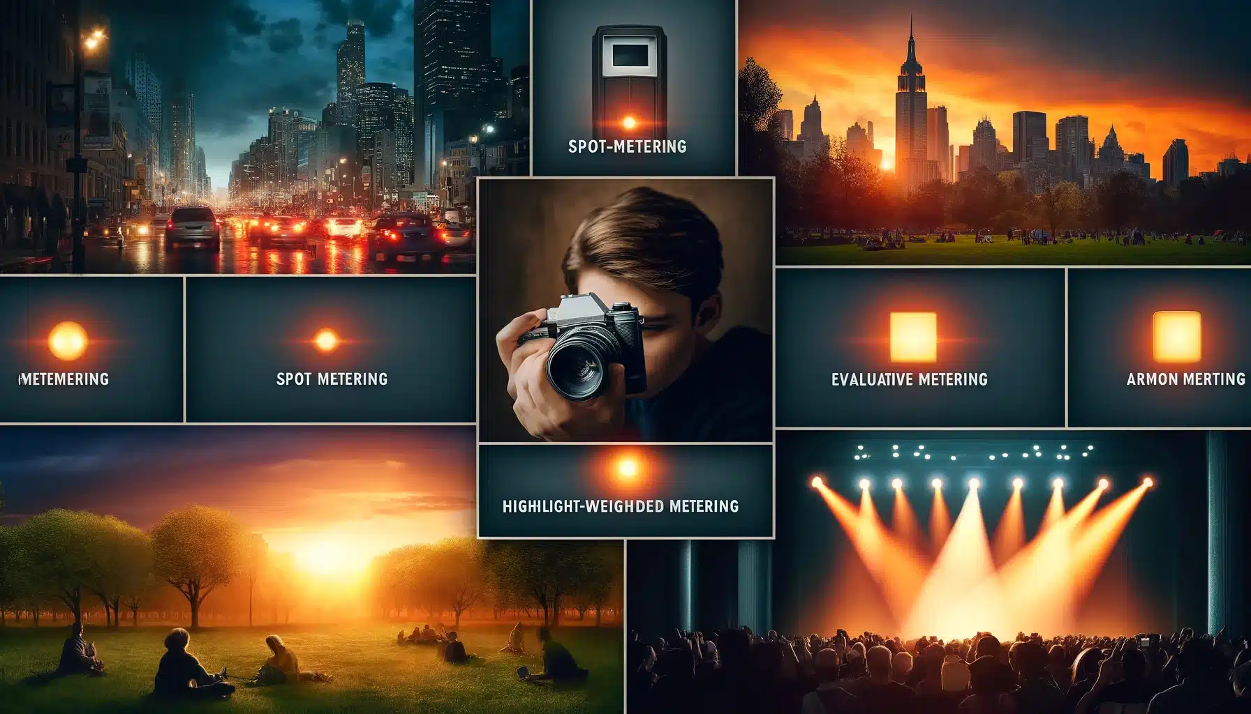 Collage of diverse photography scenes demonstrating different camera metering modes, including cityscape, portrait, landscape, and stage performance.