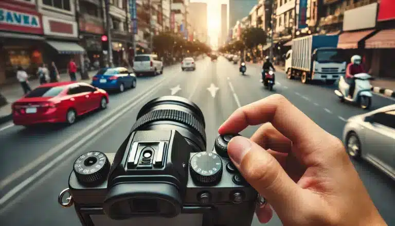 A person using manual mode on a camera outdoors, adjusting settings while focusing on the camera screen. The background features a scenic landscape with natural light, indicating an engaged learning process.