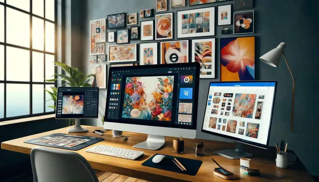 A creative workspace with multiple screens displaying Canva, Fotor, Microsoft PowerPoint.