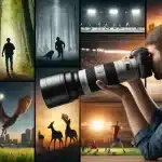 Professional photographer using a Tele Photography lens in various settings including wildlife, sports, and portrait photography.