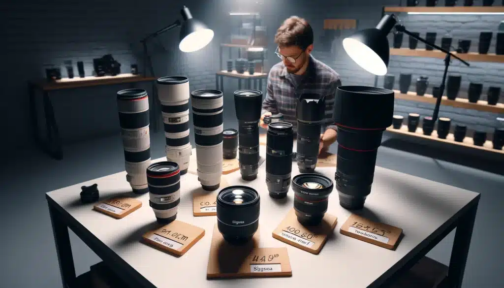 A collection of budget-friendly telephoto lenses from various brands displayed on a table, with a photographer examining one of the lenses.
