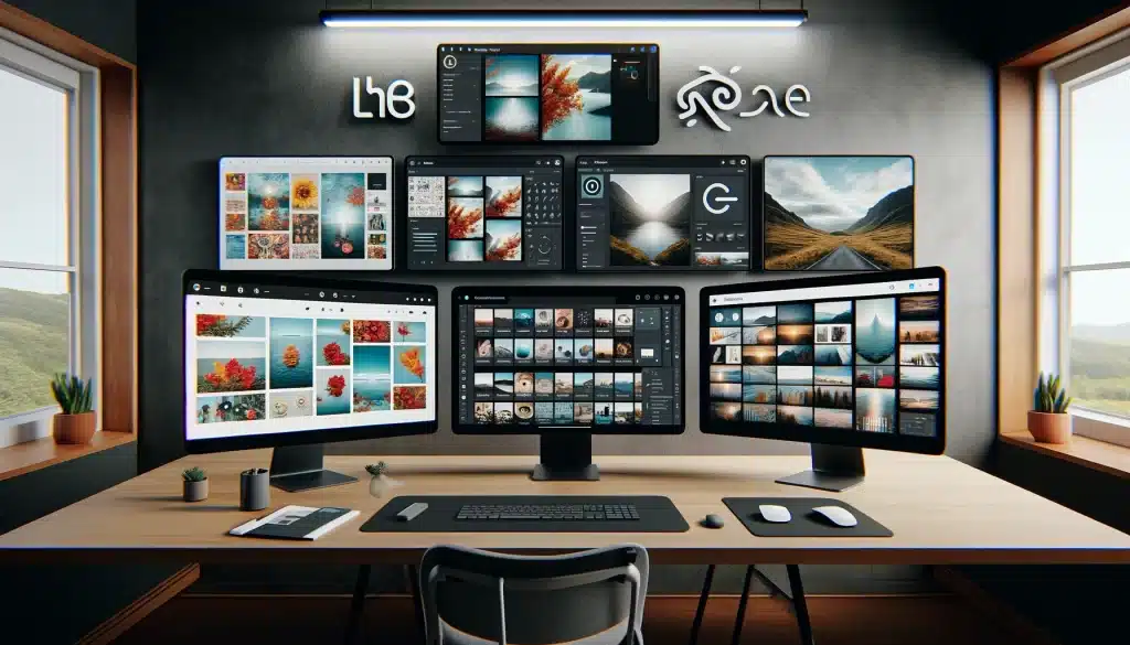 A design studio with multiple monitors each displaying a different photo collage tool including Lightroom, Canva, Photoshop, PicCollage, and Fotor.