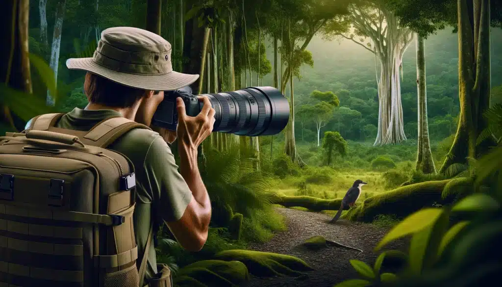 Professional photographer in the dense forests of the Amazon using a tele photography lens to capture distant wildlife.