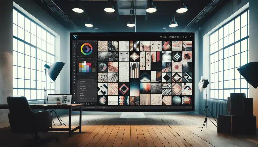A photography studio with a collage displayed on a large screen, showcasing creative grid techniques in Lightroom.