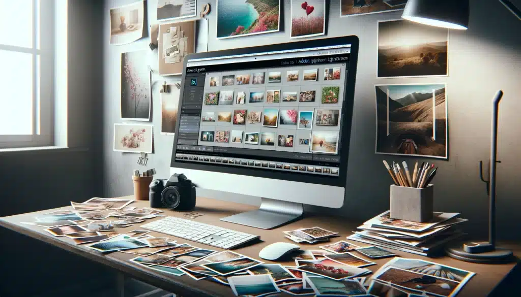 Adobe Lightroom screen displaying photo collage templates, surrounded by printed photographs in a creative workspace.