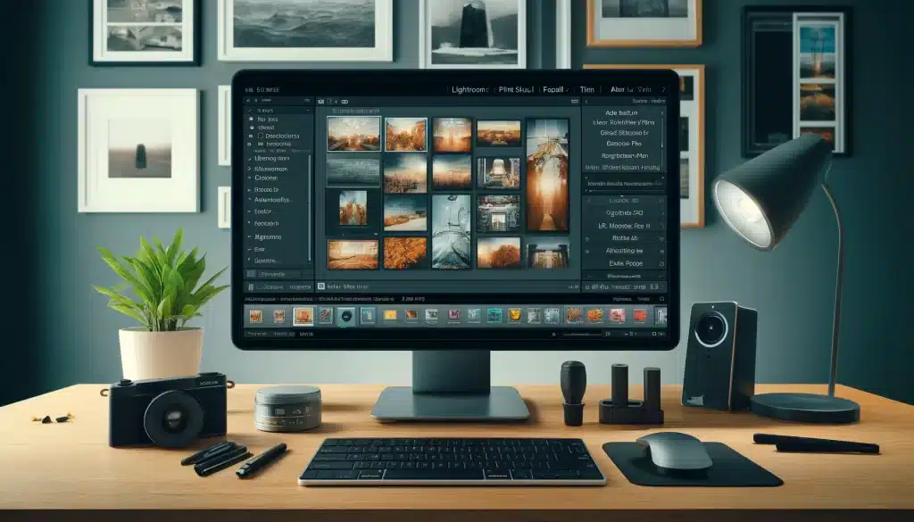 A photography editing workstation with a computer displaying Lightroom enhanced with plugins like LR/Mogrify 2 and TurboCollage.