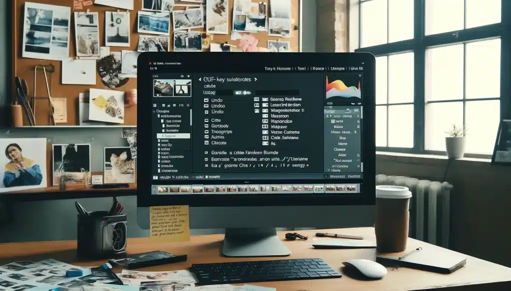 Efficient photo editing with keyboard shortcuts in Adobe LR displayed on a computer in a professional workspace.