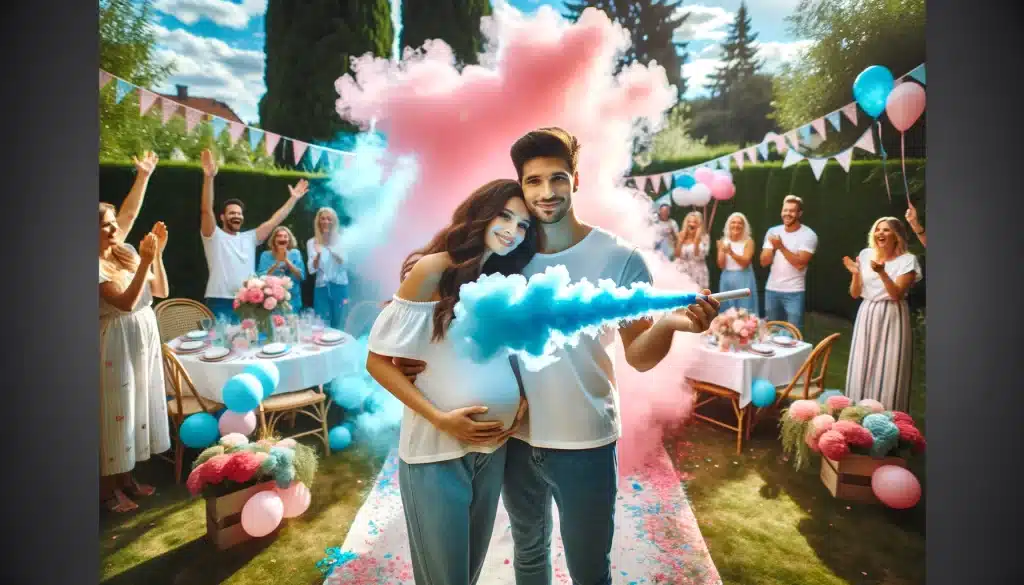Couple holding smoke bomb at gender reveal party in decorated garden with cheering guests.
