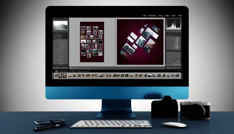 A professional photo editing workspace with Adobe Lightroom displaying advanced collage features.