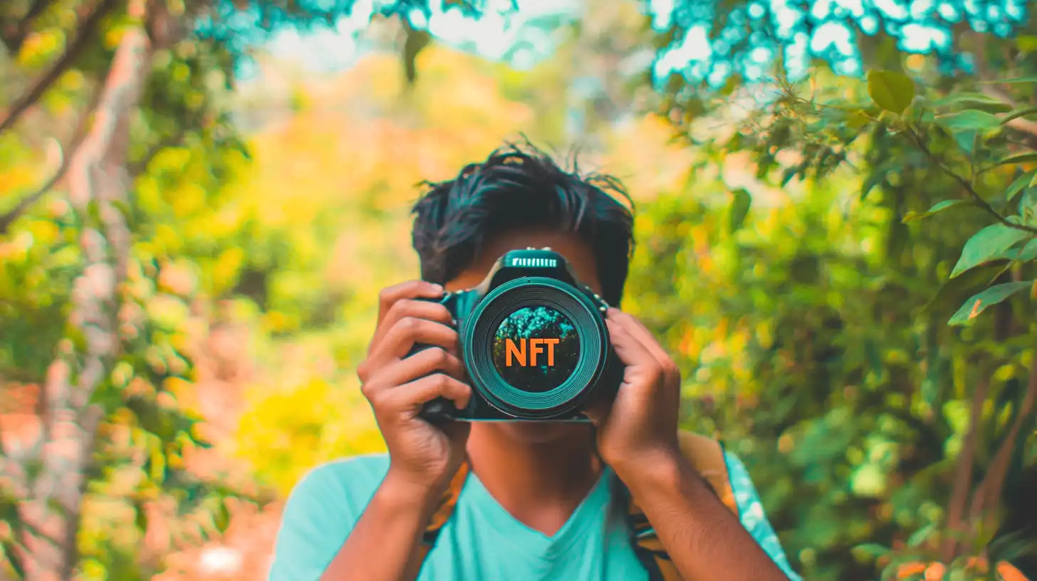 NFTs and photography concept with a photographer holding a camera featuring the NFT logo