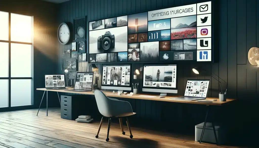 A workspace with screens displaying optimized photo for various social media platforms including Facebook, Instagram, Twitter, Pinterest, and LinkedIn.