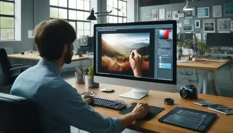 Photographer using Patch Tool in Photoshop to edit landscape photo, showcasing before-and-after results on computer screen.