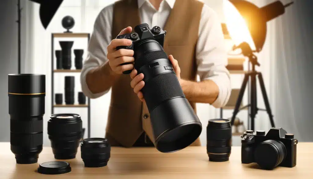 Professional photographer in a modern studio setting checking telephoto lens compatibility with a DSLR camera.