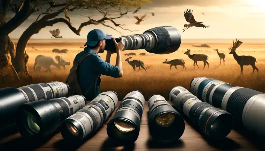 Professional photographer using a telephoto lens in the wild to capture distant wildlife, with various lenses displayed on a table.