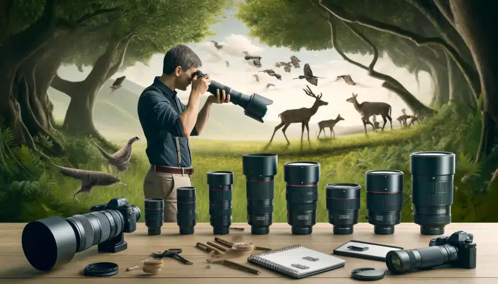 Professional photographer in a natural setting demonstrating the use of telephoto lenses with various focal lengths, capturing distant wildlife.