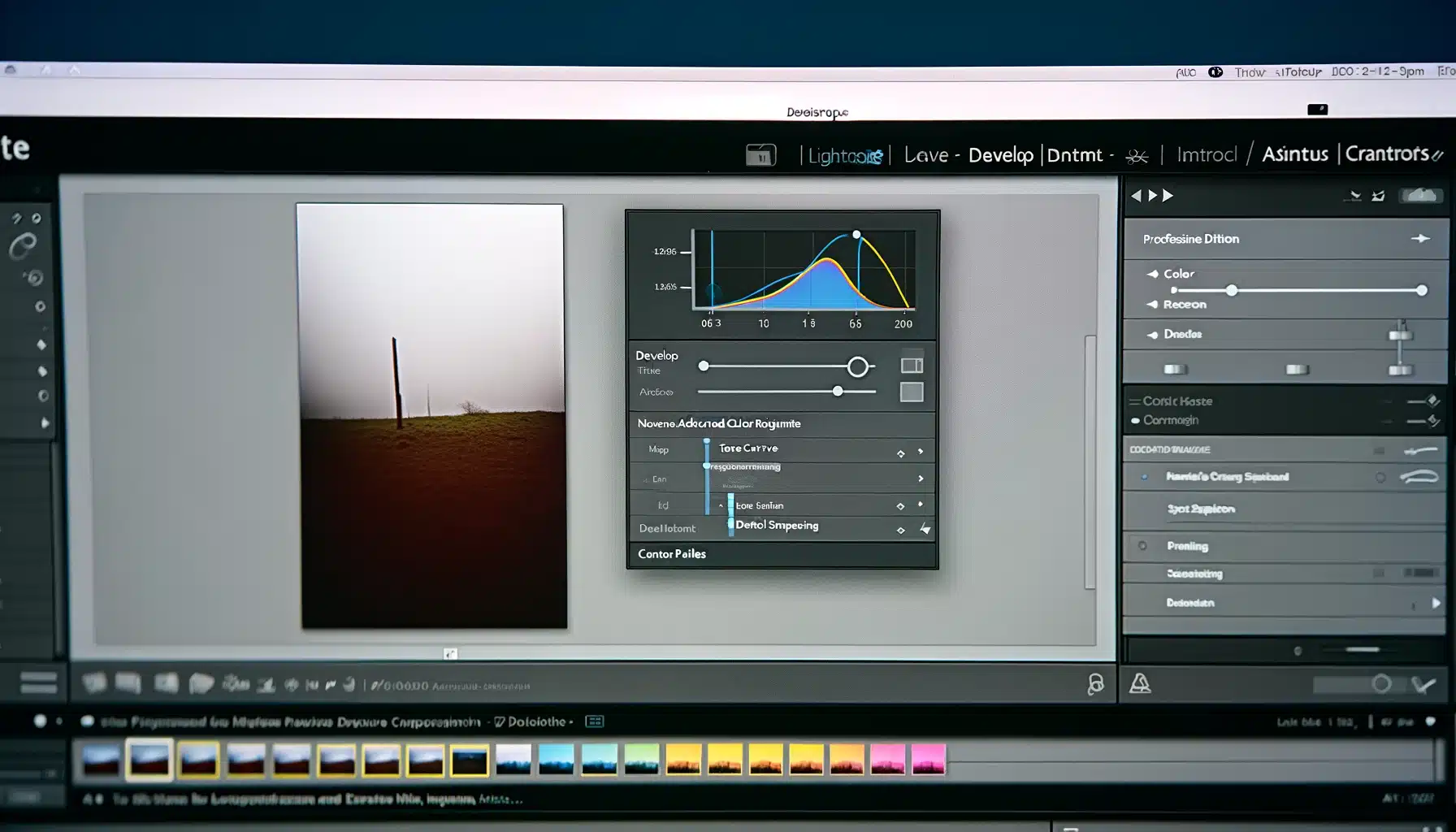 Detailed view of Adobe Lightroom's develop module with active advanced photo editing tools.