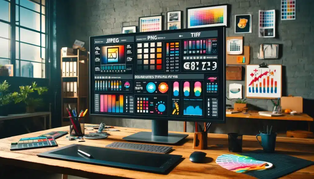 Graphic designer's workspace with monitor showing JPEG, PNG, GIF, TIFF, and RAW comparison.